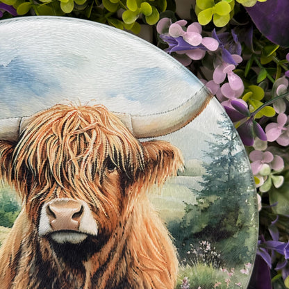 Highland Cow Round Glass Tea Pot Holder - Chopping Board - Worktop Protector - Heat Mat