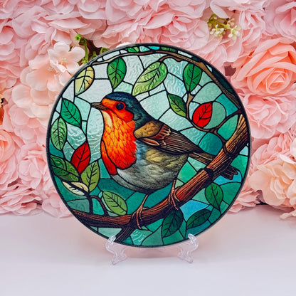 Robin Stained Glass Textured Round Tea Pot Holder - Chopping Board - Worktop Protector - Heat Mat