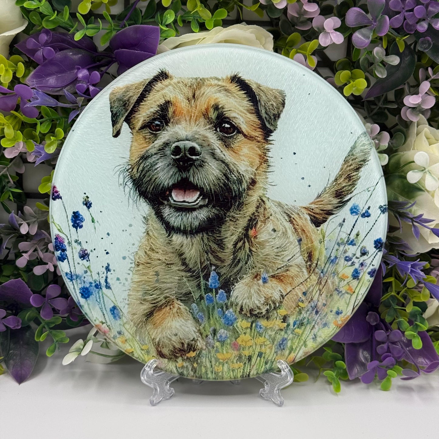 Border Terrier Wildflower 20cm Round Glass Chopping Board: Handmade Kitchen Decor