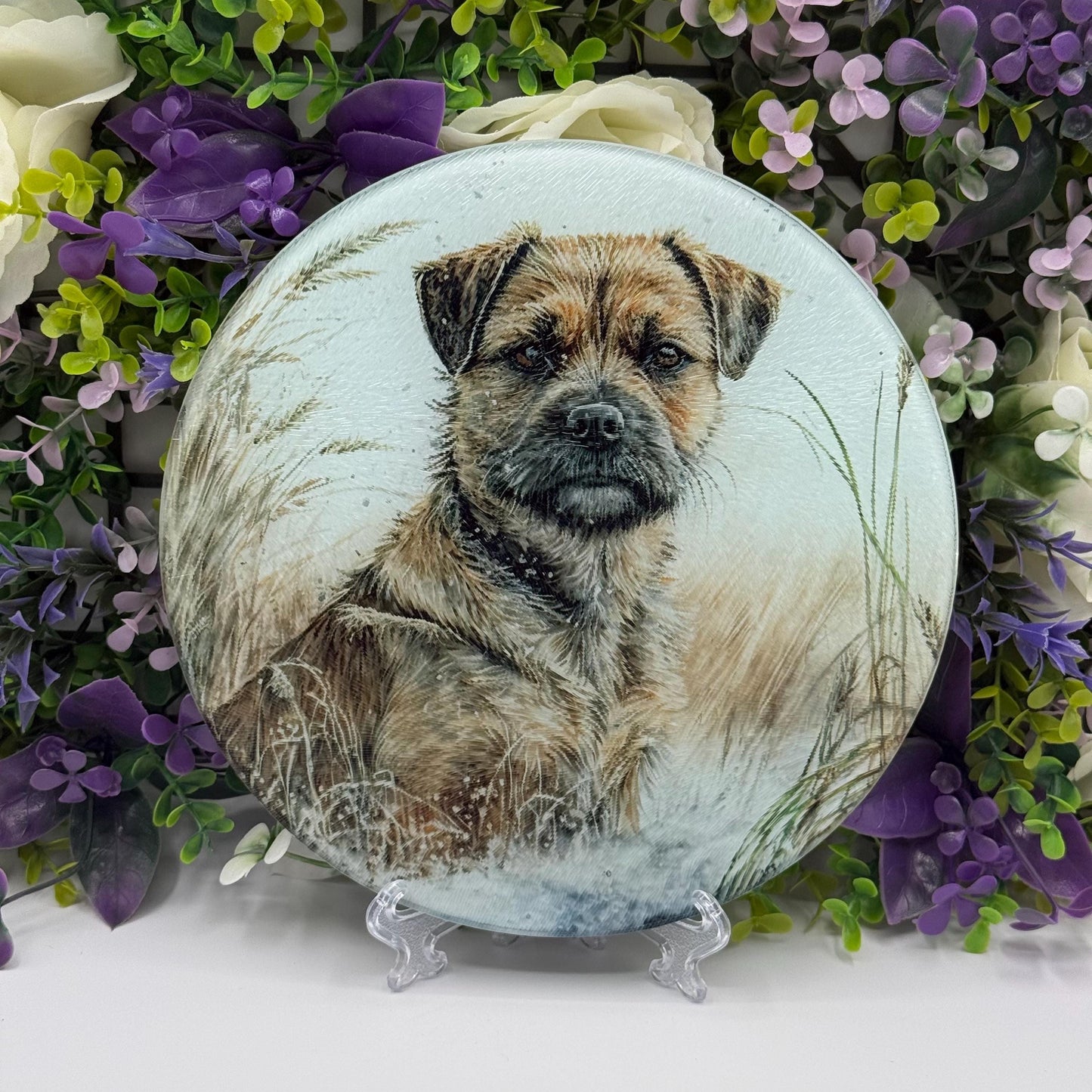 Border Terrier Wheat/Corn Field 20cm Round Glass Chopping Board: Handmade Kitchen Decor
