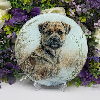 Border Terrier Wheat/Corn Field 20cm Round Glass Chopping Board: Handmade Kitchen Decor