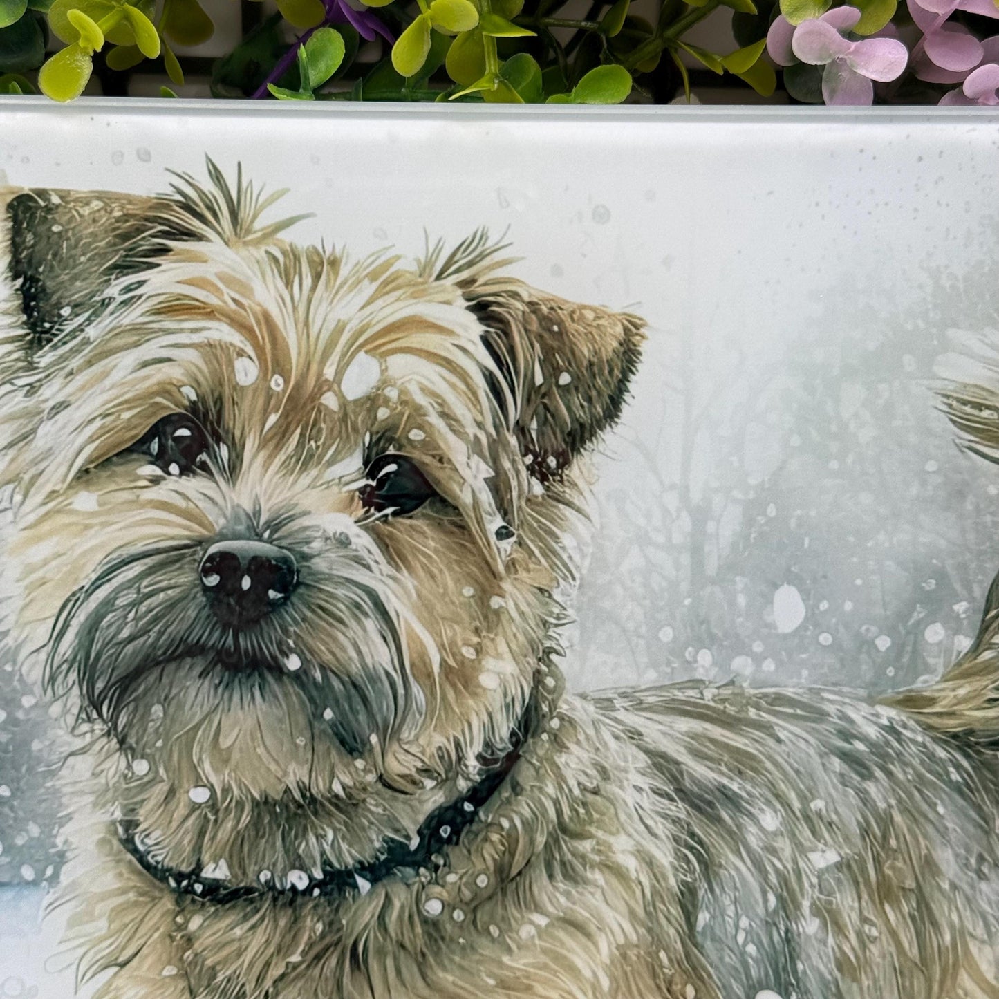 Norfolk Terrier Winter Snow 8inch x 11inch Glass Chopping Board