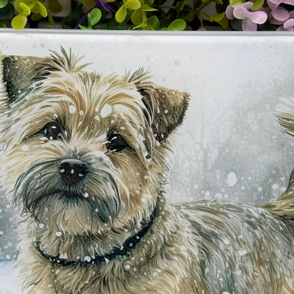 Norfolk Terrier Winter Snow 8inch x 11inch Glass Chopping Board
