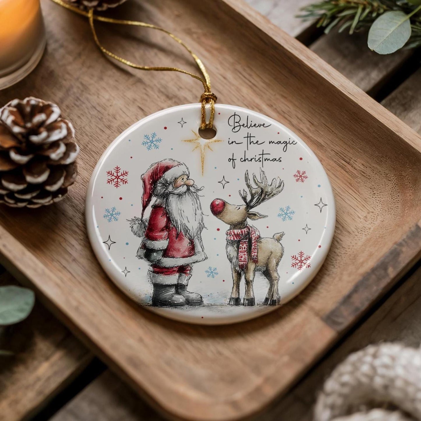 Believe in Christmas Magic - Santa and Reindeer Ceramic Ornament - Tree Decoration