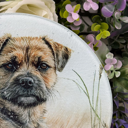 Border Terrier Wheat/Corn Field 20cm Round Glass Chopping Board: Handmade Kitchen Decor