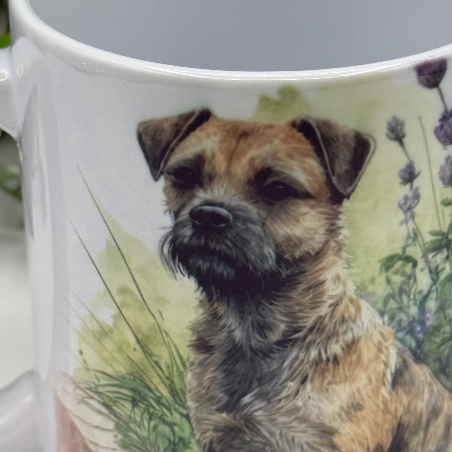 Border Terrier Dog Greenery Floral Mug: Handmade Ceramic Coffee Cup, Pet Lover Gift