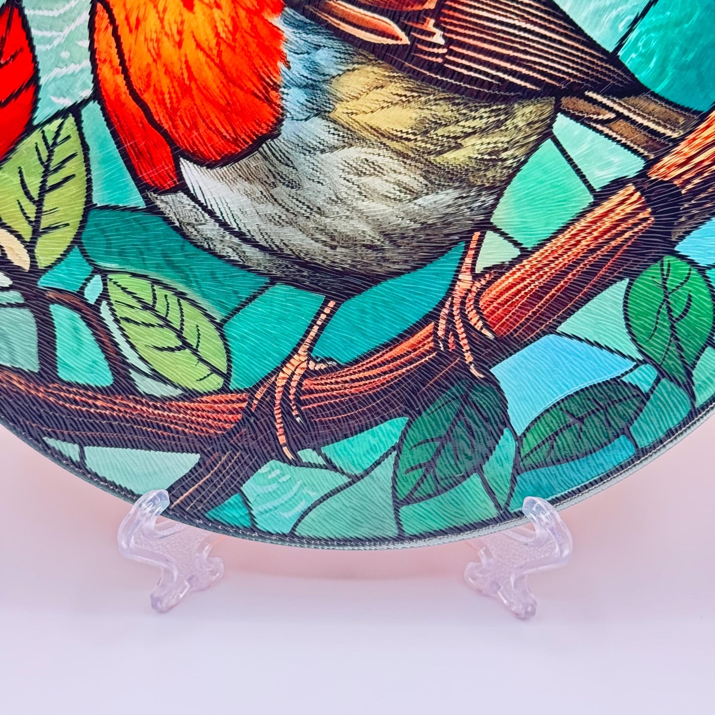 Robin Stained Glass Textured Round Tea Pot Holder - Chopping Board - Worktop Protector - Heat Mat