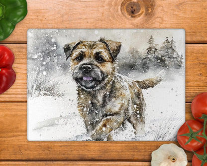 Border Terrier Winter Glass Chopping Board: Handmade Kitchen Decor