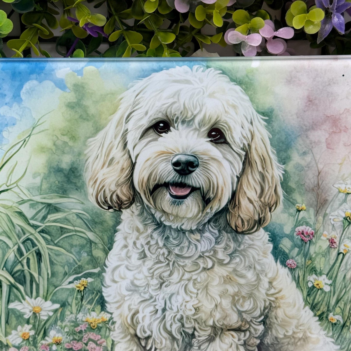 Cockapoo Floral 8inch x 11inch Glass Chopping Board