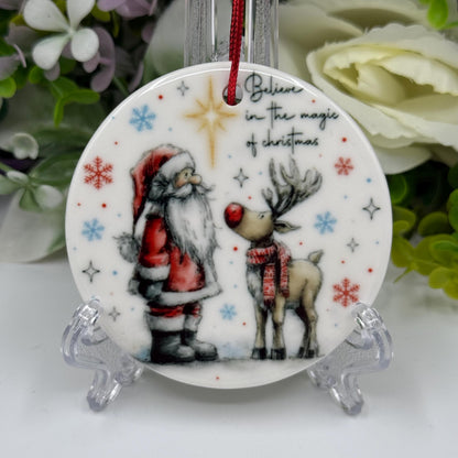 Believe in Christmas Magic - Santa and Reindeer Ceramic Ornament - Tree Decoration
