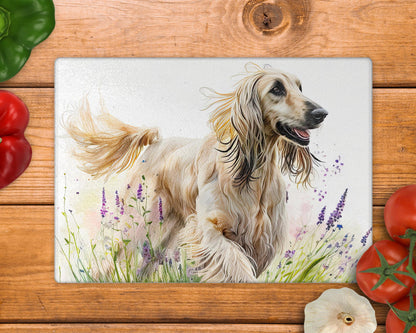 Afghan Hound Floral Glass Chopping Board / 8inch x 11inch / Handmade Kitchen Decor