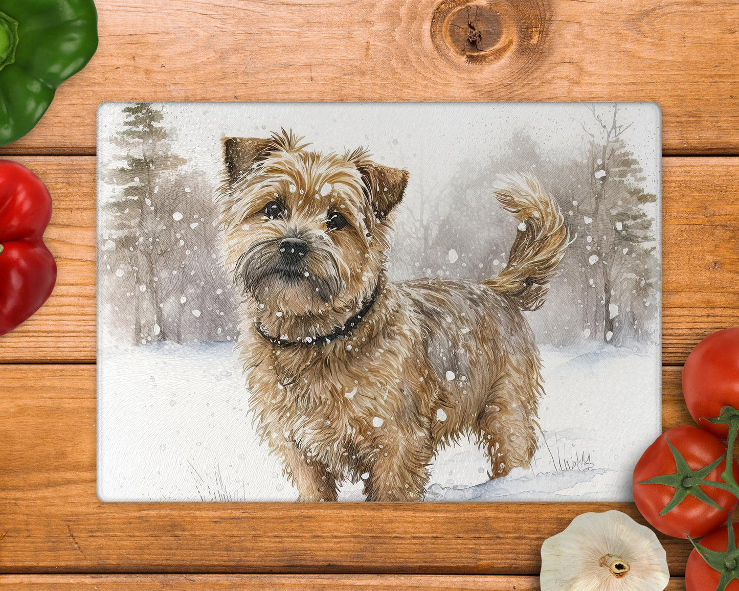 Norfolk Terrier Winter Snow 8inch x 11inch Glass Chopping Board