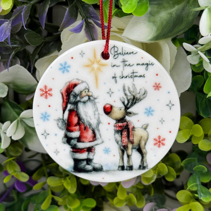Believe in Christmas Magic - Santa and Reindeer Ceramic Ornament - Tree Decoration