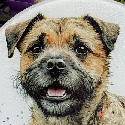 Border Terrier Wildflower 20cm Round Glass Chopping Board: Handmade Kitchen Decor