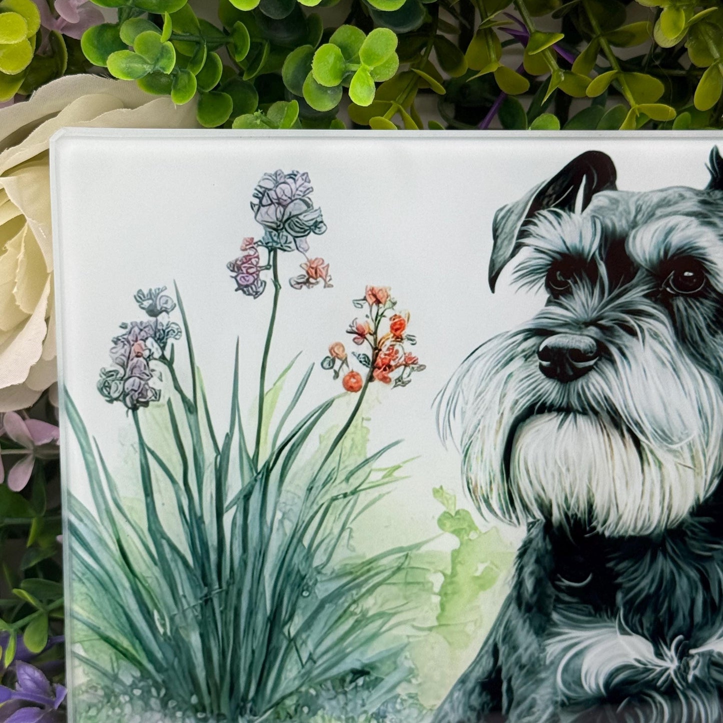 Schnauzer Black and Silver 8inchx11inch Glass Cutting Board: Handmade Kitchen Decor