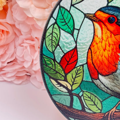 Robin Stained Glass Textured Round Tea Pot Holder - Chopping Board - Worktop Protector - Heat Mat
