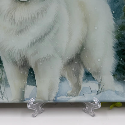 Samoyed Winter Snow 8inchx11inch Glass Chopping Board