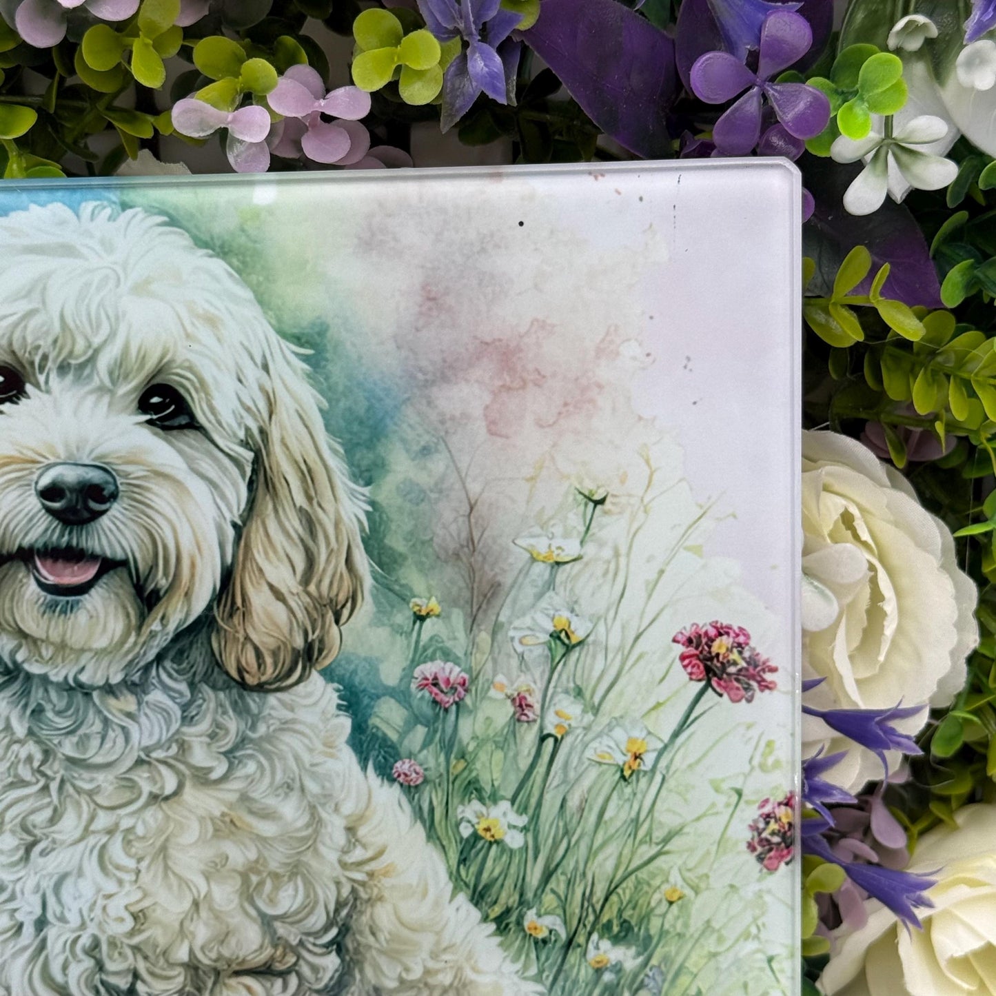 Cockapoo Floral 8inch x 11inch Glass Chopping Board