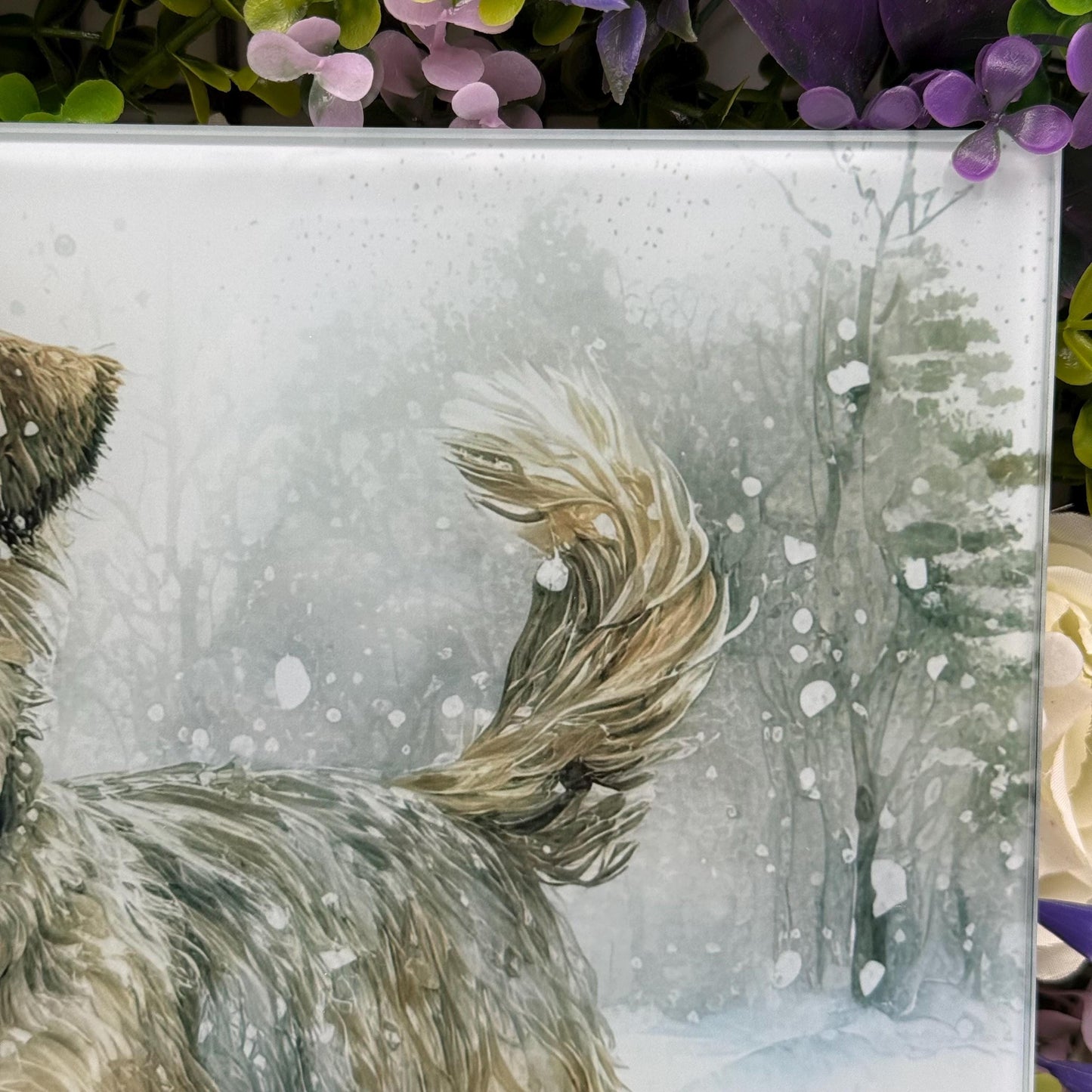Norfolk Terrier Winter Snow 8inch x 11inch Glass Chopping Board