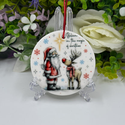 Believe in Christmas Magic - Santa and Reindeer Ceramic Ornament - Tree Decoration