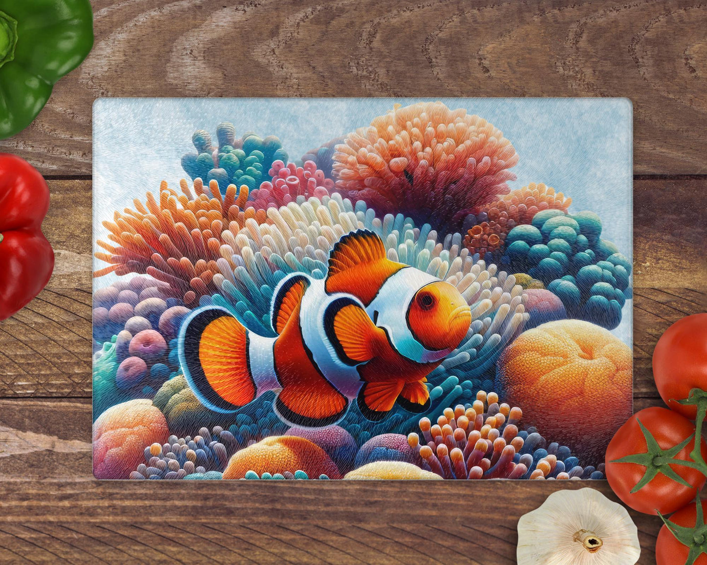 Marine Clownfish Glass Chopping Board / 8inch x 11inch / Handmade Kitchen Decor