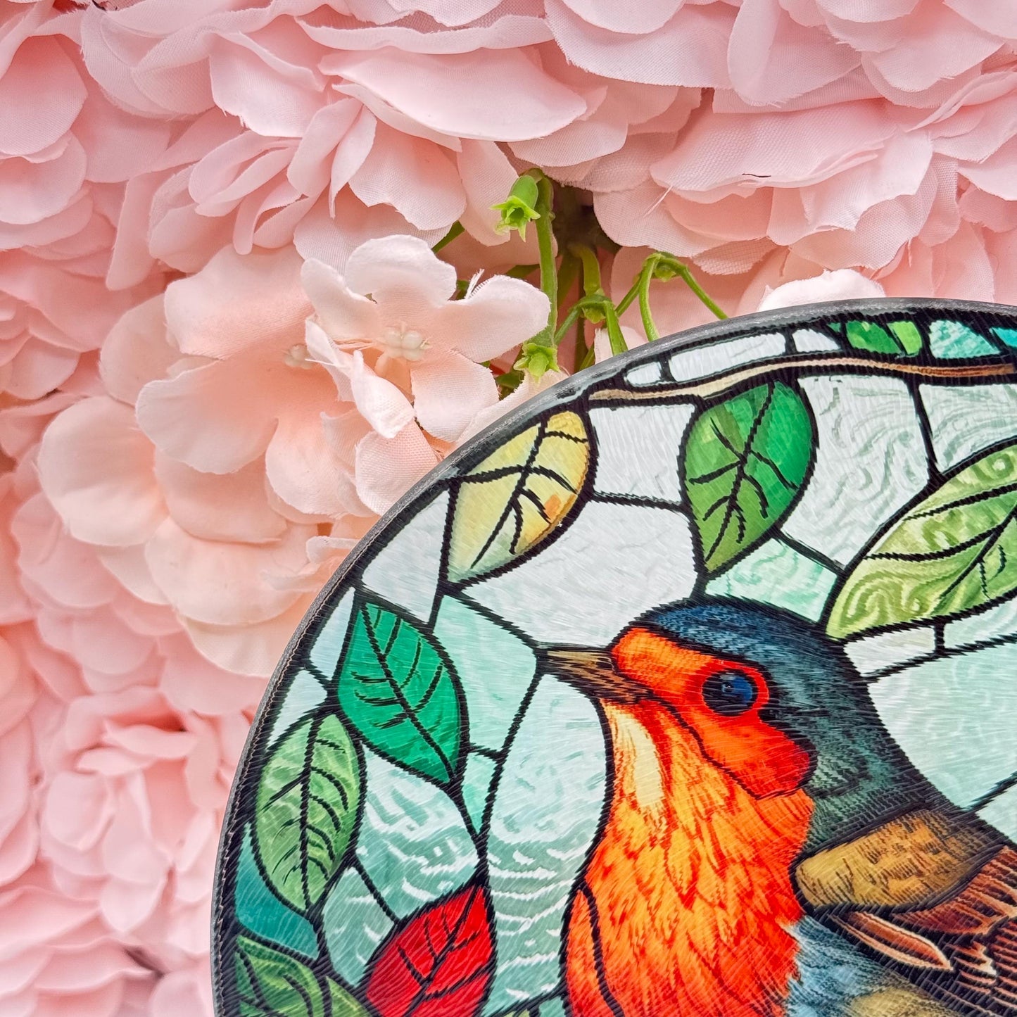 Robin Stained Glass Textured Round Tea Pot Holder - Chopping Board - Worktop Protector - Heat Mat