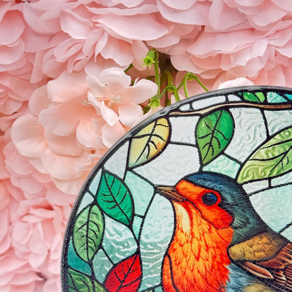 Robin Stained Glass Textured Round Tea Pot Holder - Chopping Board - Worktop Protector - Heat Mat