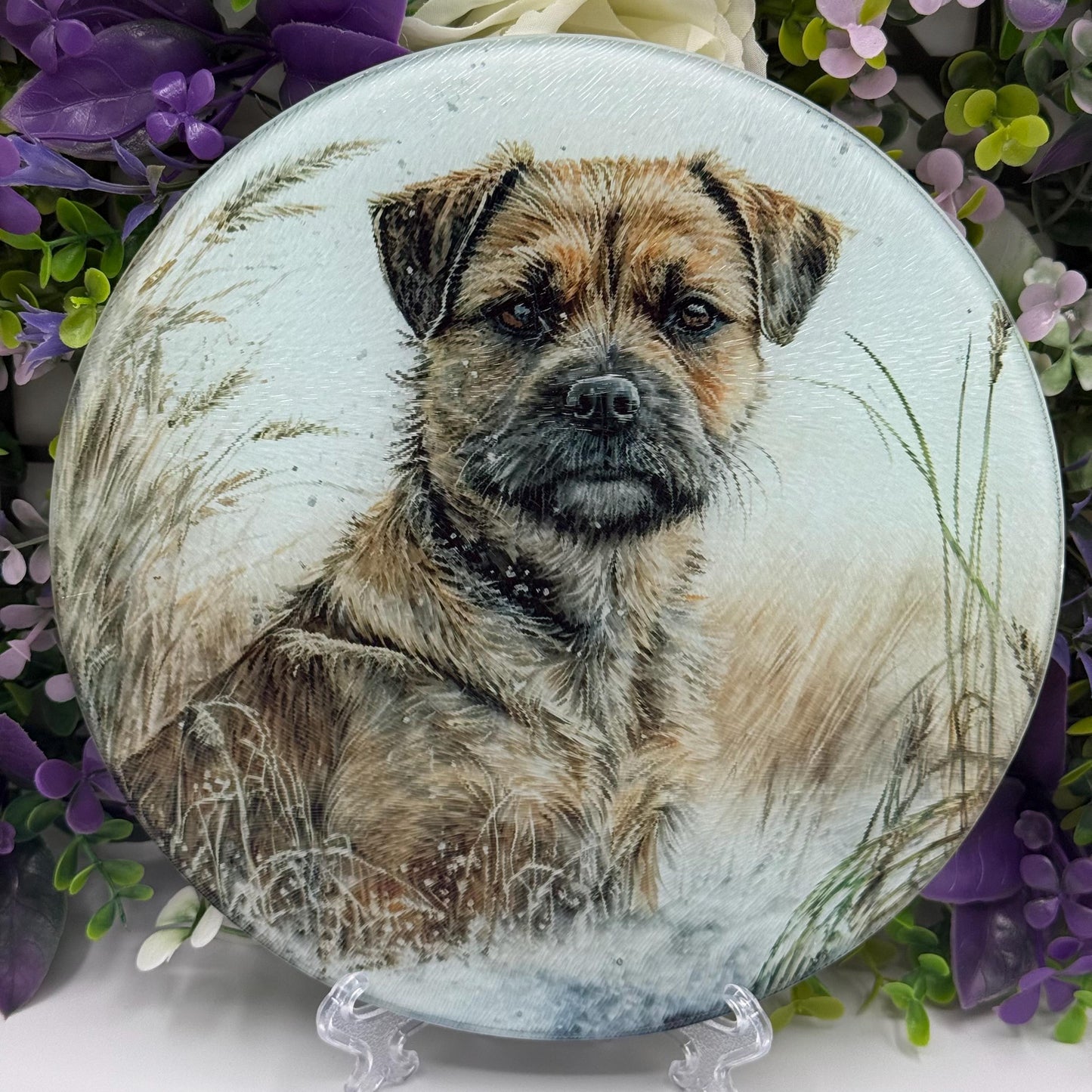 Border Terrier Wheat/Corn Field 20cm Round Glass Chopping Board: Handmade Kitchen Decor