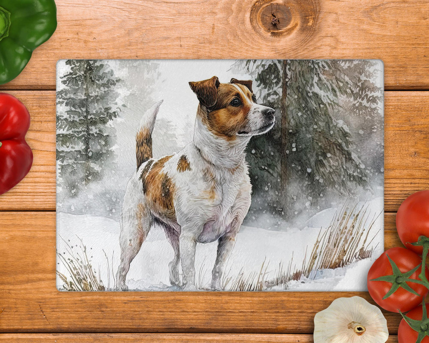 Jack Russell Terrier Winter Snow Glass Chopping Board / 8inch x 11inch / Handmade Kitchen Decor