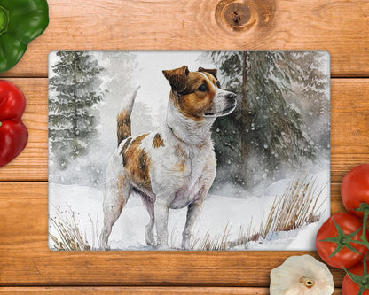 Jack Russell Terrier Winter Snow Glass Chopping Board / 8inch x 11inch / Handmade Kitchen Decor