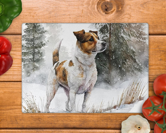 Jack Russell Terrier Winter Snow Glass Chopping Board / 8inch x 11inch / Handmade Kitchen Decor