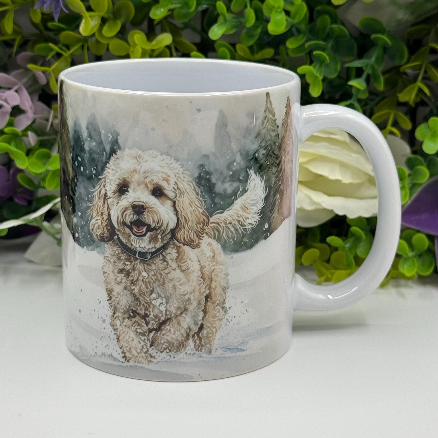 Cavachon Dog Winter Forest Mug: Handmade Ceramic Coffee Cup, Pet Lover Gift