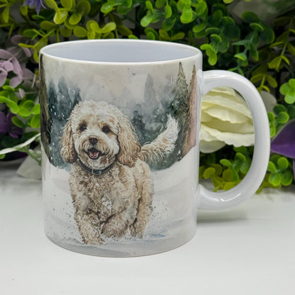 Cavachon Dog Winter Forest Mug: Handmade Ceramic Coffee Cup, Pet Lover Gift