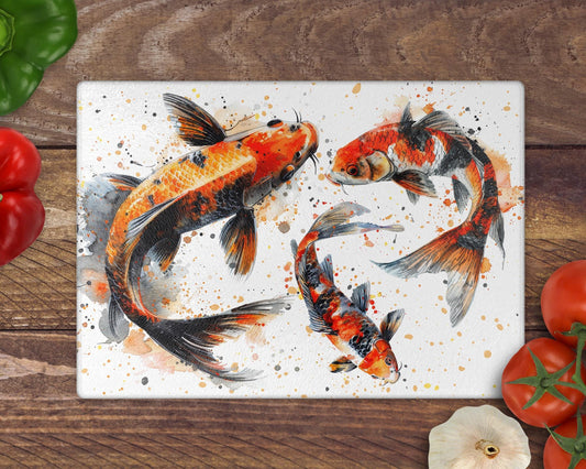 Koi Fish Glass Chopping Board / 8inch x 11inch / Handmade Kitchen Decor