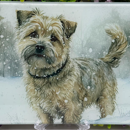 Norfolk Terrier Winter Snow 8inch x 11inch Glass Chopping Board