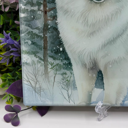 Samoyed Winter Snow 8inchx11inch Glass Chopping Board