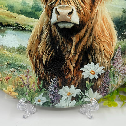 Highland Cow Round Glass Tea Pot Holder - Chopping Board - Worktop Protector - Heat Mat