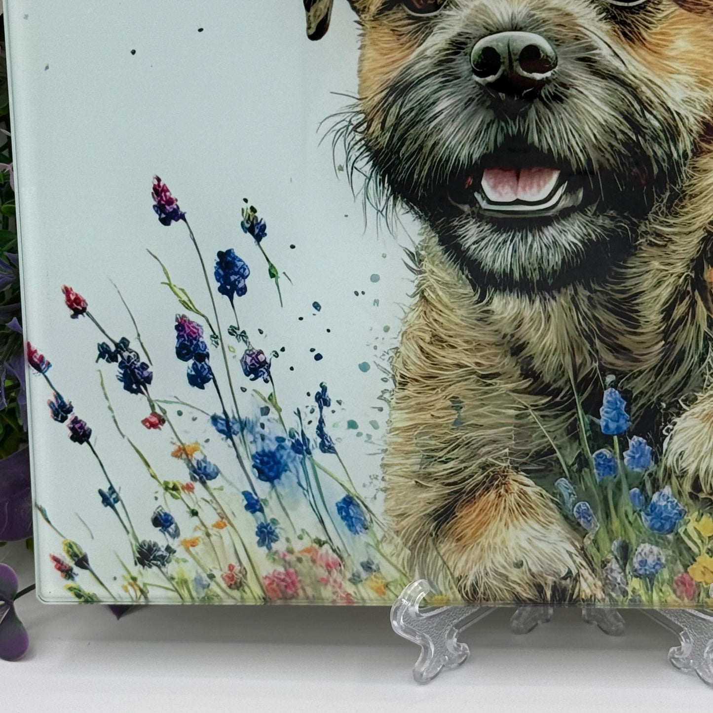 Border Terrier Wildflower Glass Chopping Board: Handmade Kitchen Decor