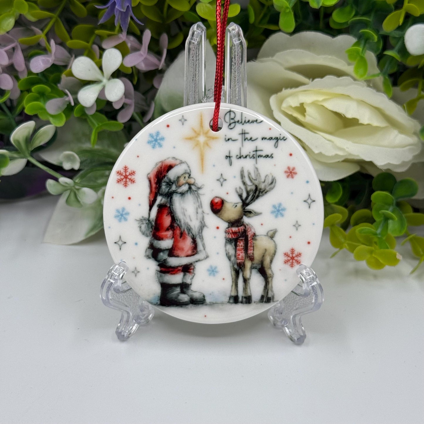 Believe in Christmas Magic - Santa and Reindeer Ceramic Ornament - Tree Decoration
