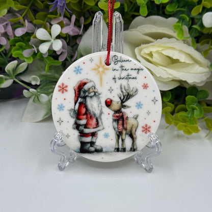 Believe in Christmas Magic - Santa and Reindeer Ceramic Ornament - Tree Decoration