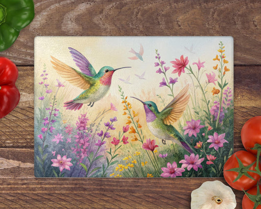 Hummingbird and Wildflower Watercolour Glass Chopping Boards - Worktop Saver - Side Protector