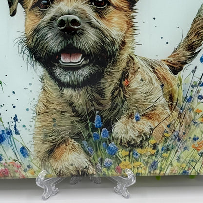 Border Terrier Wildflower Glass Chopping Board: Handmade Kitchen Decor