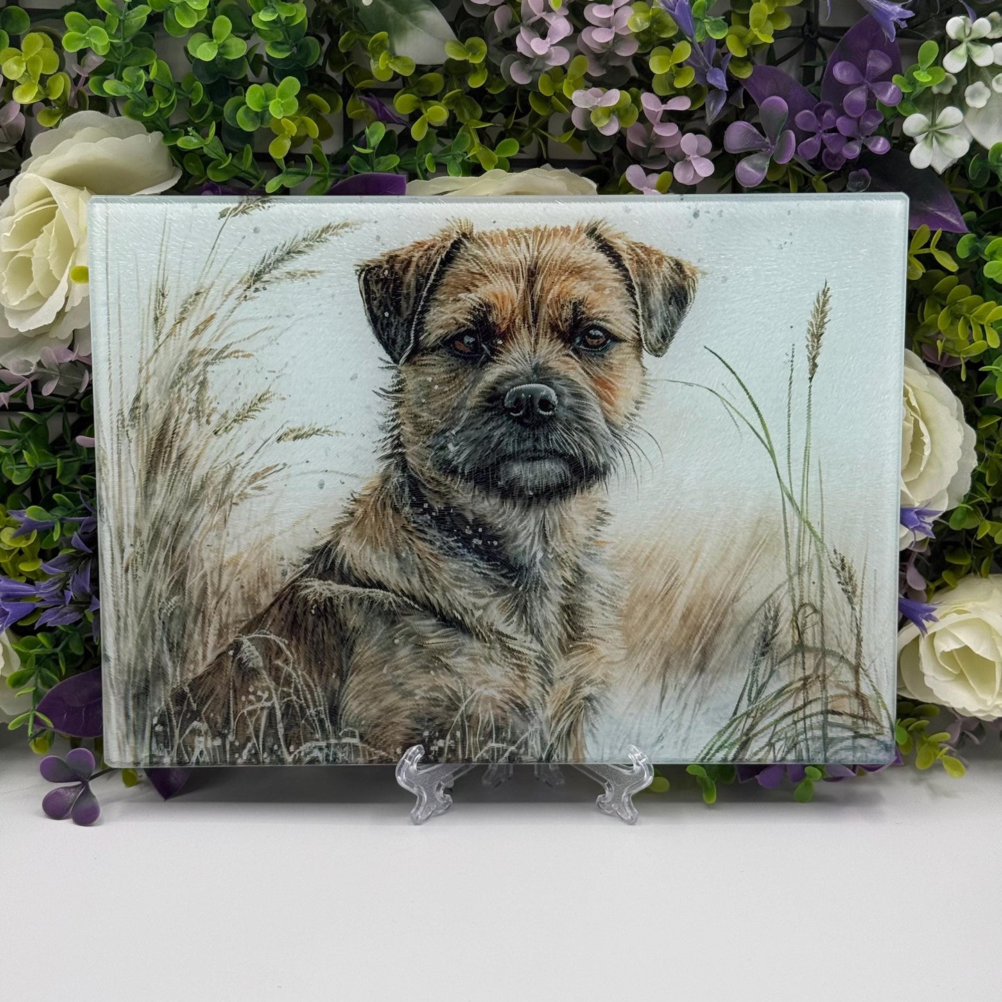 Border Terrier Wheat/Corn Field Glass Chopping Board / 8inch x 11inch / Handmade Kitchen Decor