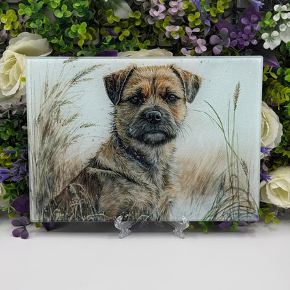 Border Terrier Wheat/Corn Field Glass Chopping Board / 8inch x 11inch / Handmade Kitchen Decor