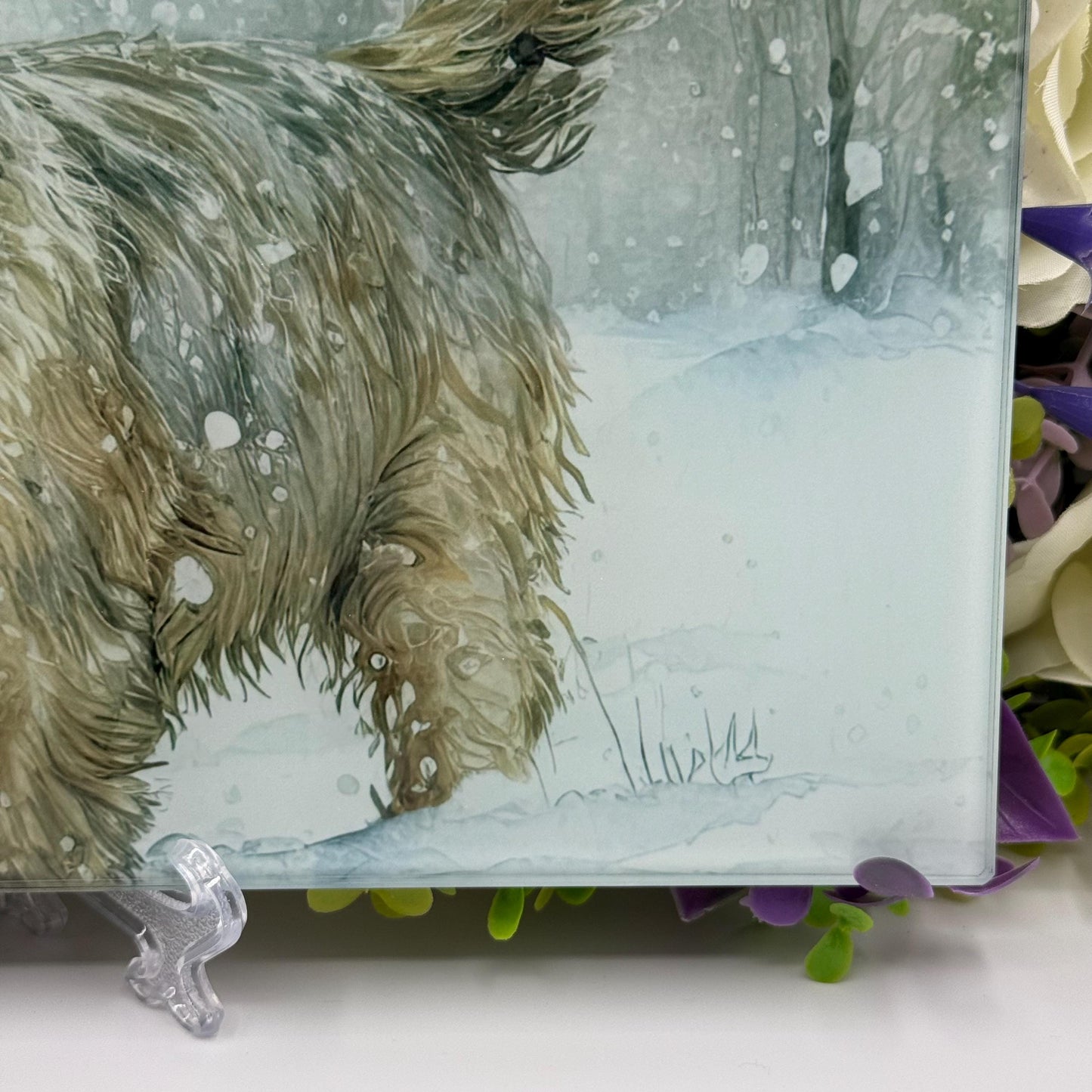 Norfolk Terrier Winter Snow 8inch x 11inch Glass Chopping Board